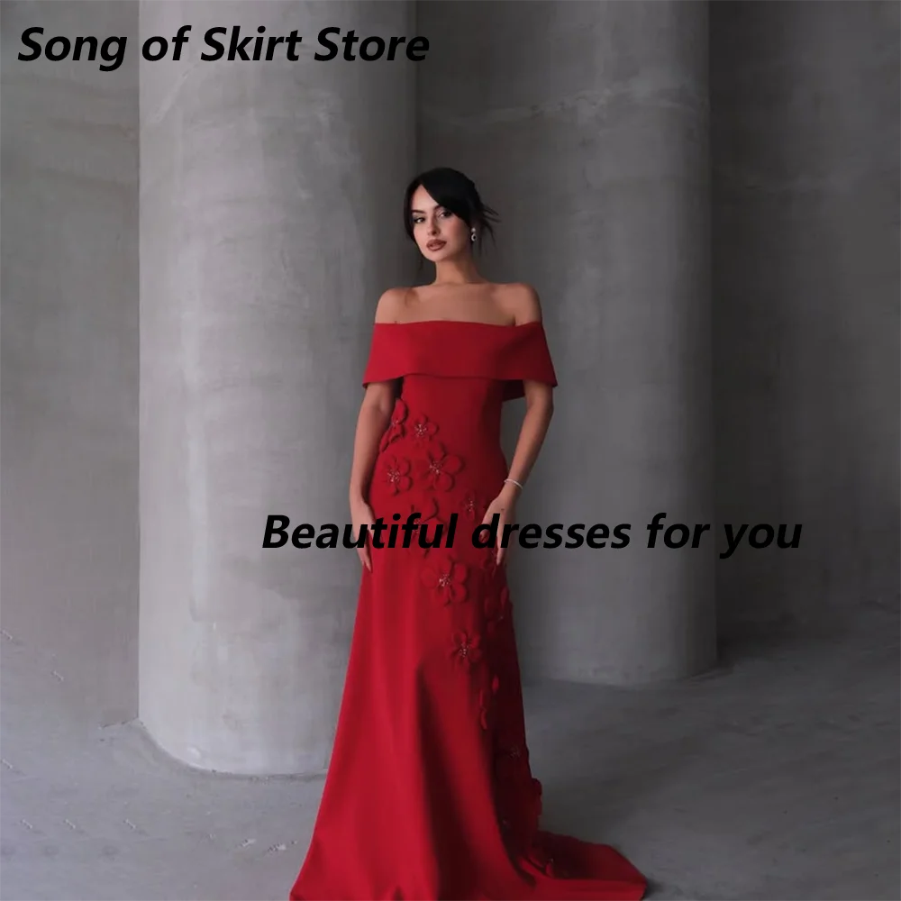 레드 머메이드 이브닝 드레스 맞춤 제작 오프숄더 보트넥 플로어 기장 저지 프롬 가운 플라워 플리츠 스윕 트레인 파티 드레스