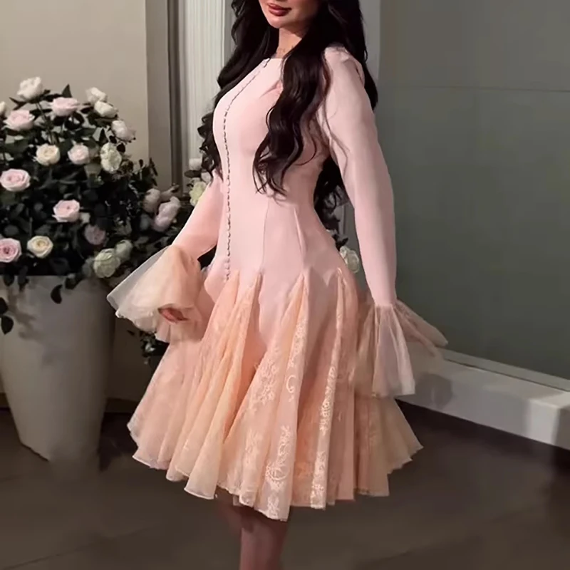 

Elegant O-neck Long Sleeved A-line Banquet Evening Dress Lady Chic Large Swing Tea Break Dress French Solid Mesh Pleated Dress