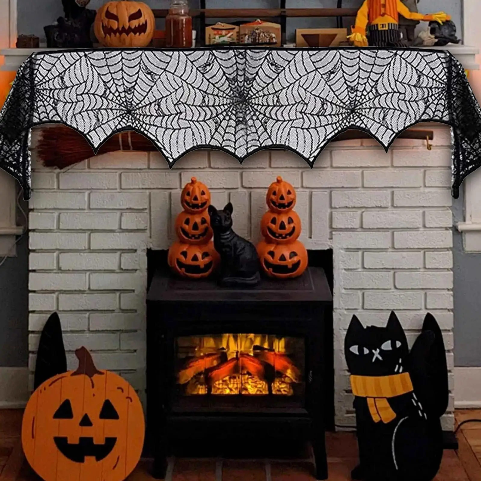 Halloween Fireplace Mantel Decoration Gothic Spider Web Spiderweb Mantel Scarf for Cafe Scary Movie Night Party Festival Indoor