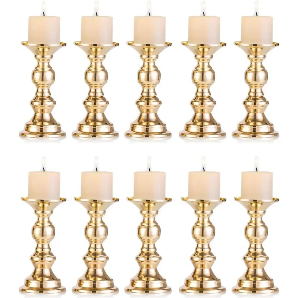 

Set of 10 Gold Metal Pillar Candle Holders, Wedding Centerpieces Candlestick Holders for 2 inches Candles Stand Decoration Ideal