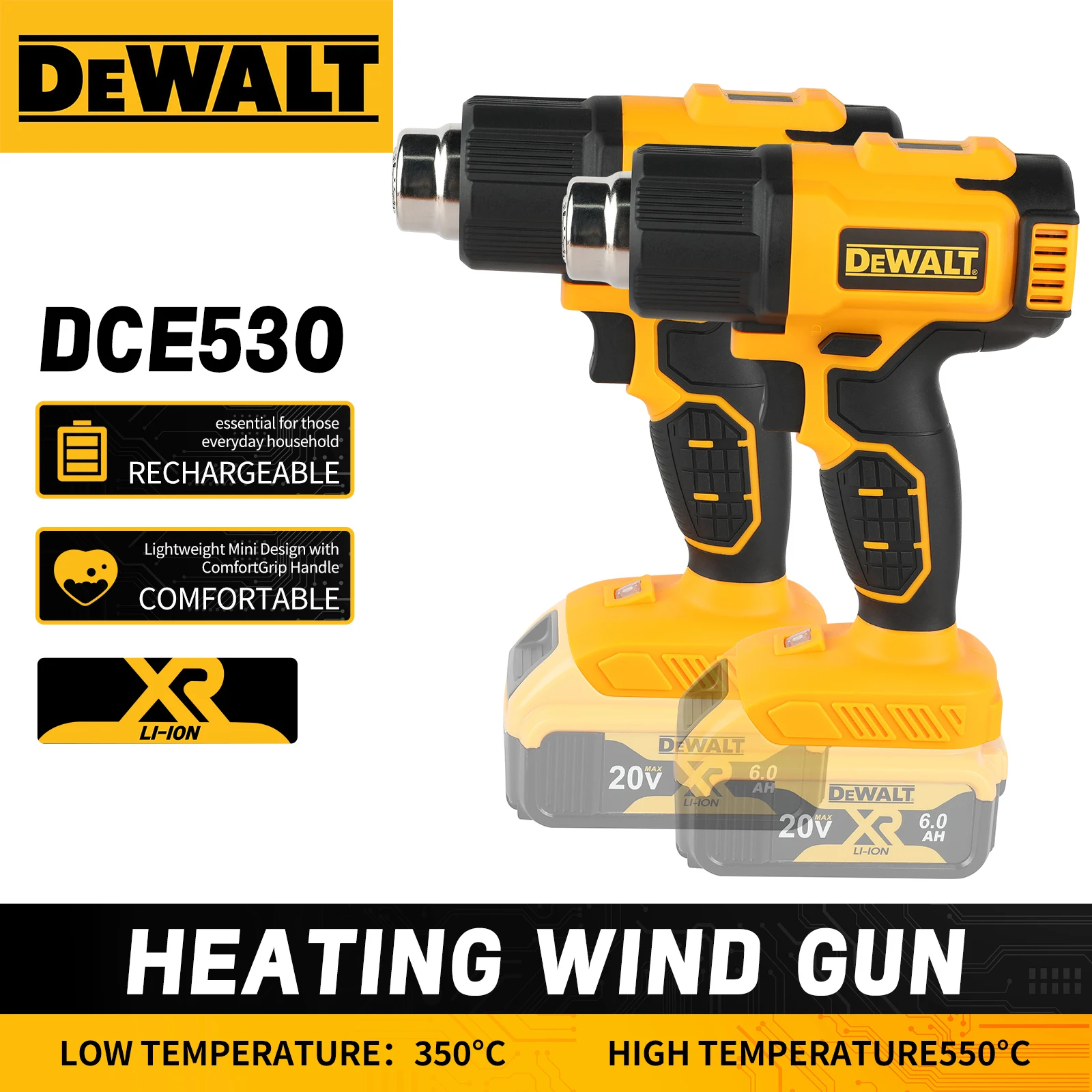 

DEWALT DCE530 20V Heat Gun with Safety Lock 350-550°C 200L/min Airflow Professional Power Tool for Welding Heat Shrink Tasks