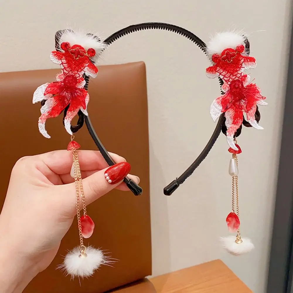 Chinese Style Hanfu Wig Headband Traditional Red Pearl Flower Tassel Headband Headwear Headdress New Year Headwear Girl