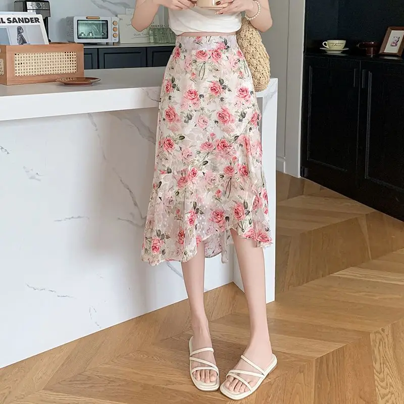 Gonna in chiffon da donna Midi con volant floreale Gonne femminili Estate 2025 Nuovo in una linea economica V Alta qualità Chic ed elegante Modesto