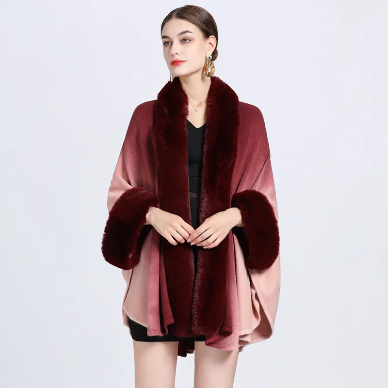 

Autumn Winter New Imitation Otter Rabbit Fur Collar Hanging Dyed Capes Women Knit Poncho Lady Capes Red Cloak