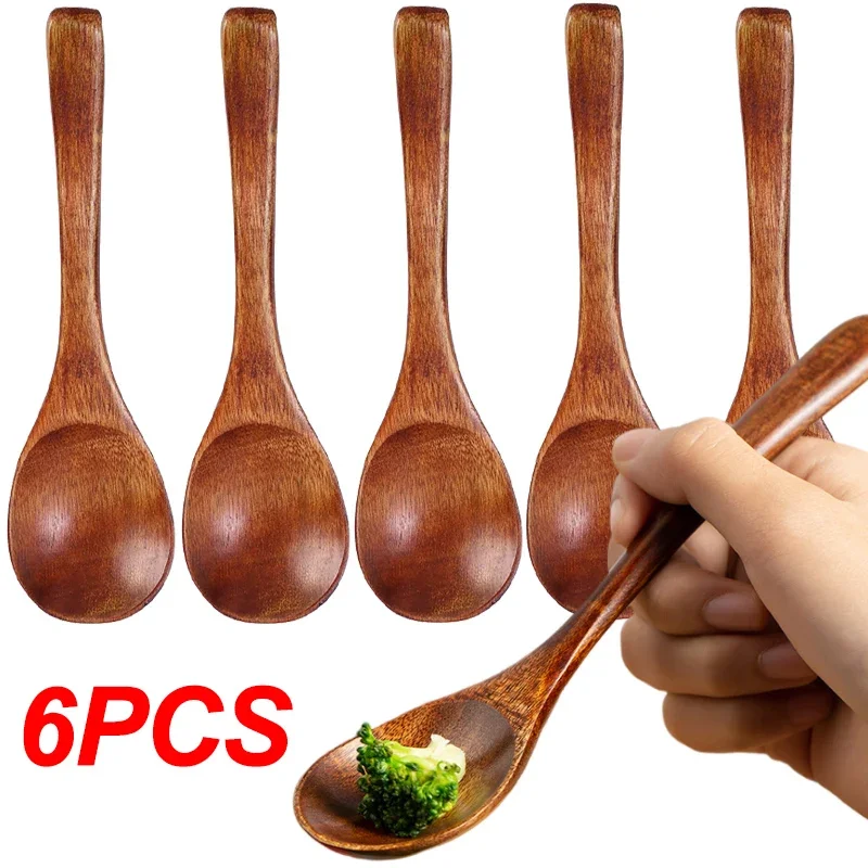 1/6PCS Long Handle Wooden Spoons Condiment Salt Seasoning Sugar Spoon Ice Cream Tea Leaf Roung Wood Scoop Spoon Kitchen Gadgets