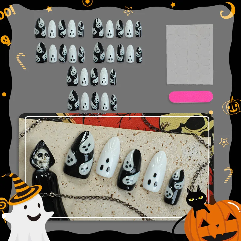 30個入り 2025年ハロウィン アーモンド型 怖い白黒ゴースト装着可能 3Dフェイクネイルアートパッチ 付け爪 マニキュアセット