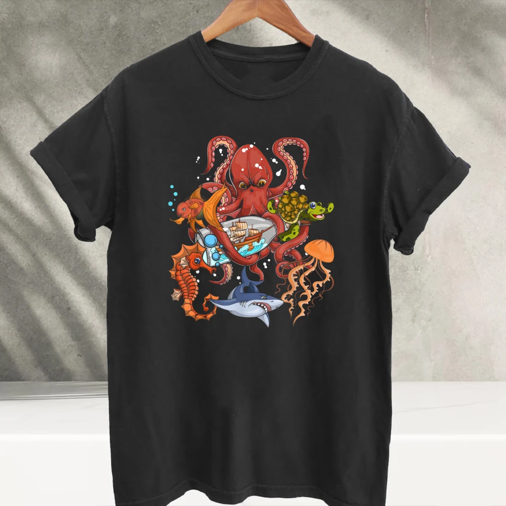 Giant Octopus Ocean Sea Creatures Graphic T‑Shirt Shark Turtle Jellyfish Seahorse Marine Animal Print Soft Cotton Casual Tops