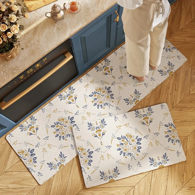 Floor Mat for Kitchen Retro Blue Style Pvc Leather Non-slip Carpet Oil-proof Waterproof Foot Mats Long Strip Home Decoration Rug