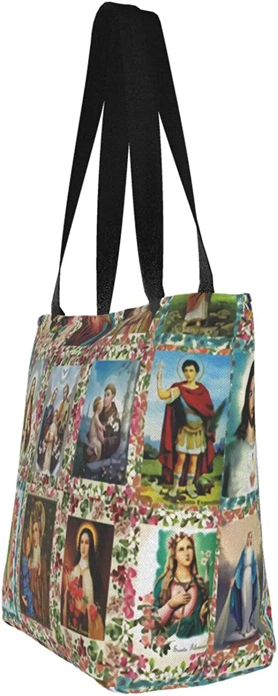 Catholic Saints Images Crew Reusable Tote Bag Women Large Casual Handbag Shoulder Bags for Shopping Groceries Travel Outdoors