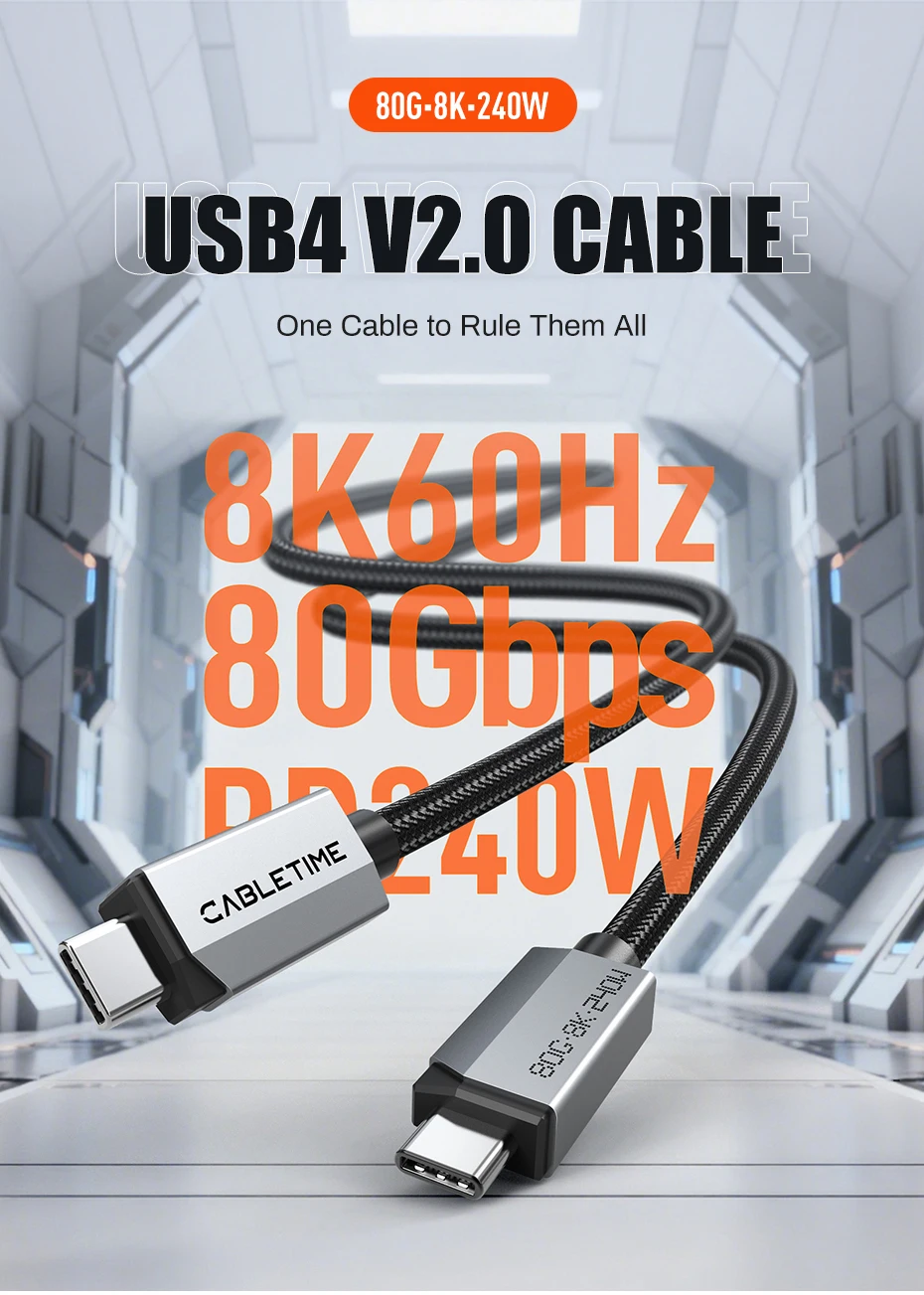CABLETIME USB4 V2.0 Kabel 80Gbps Datenübertragung 8K@60Hz 240W Ultra-Speed PD 3.1 Geflochtene Ummantelung für Handy, Monitor, PS5 – Detail 1