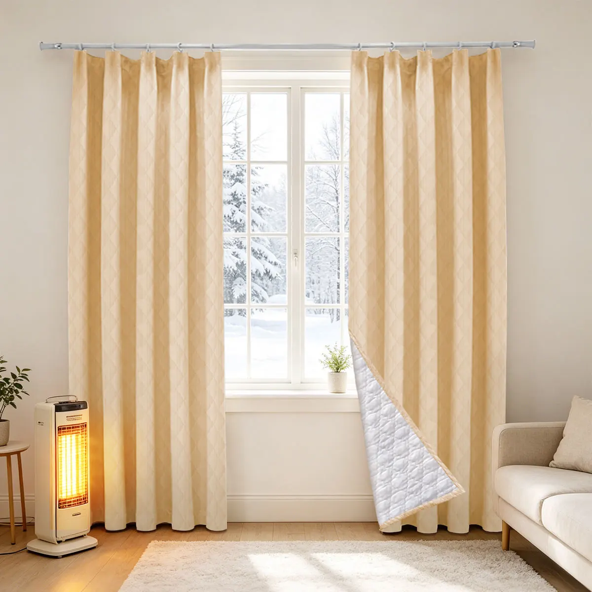 Beige & Gray Diamond Quilted Thermal Door Curtain 2Pcs, Pre-Fixed Pleat Medium Shading Windproof Patio Window Drapes