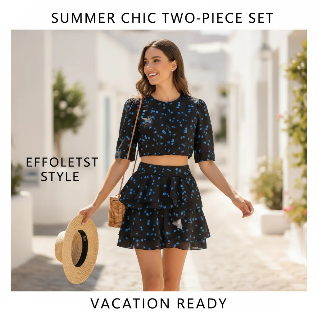 2026 New Floral Print Puff Sleeve Two Piece Set High Waist Ruffled Mini Skirt Crop Top For Women Casual Summer Vacation Outfit