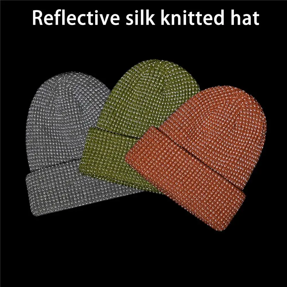 Autumn Winter Reflective Knitted Hat Brimless Urinal Hat Night Reflective Outdoor Sports Windproof Warm Woolen Hat Women Beanies