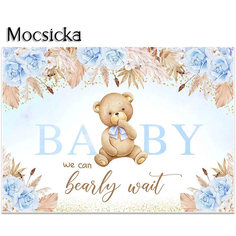 Mocsicka-Fondo para Baby Shower, cartel de decoración para fiesta de bienvenida, We Can Bearly Wait Baby, flores azules, retrato, utilería para estudio fotográfico