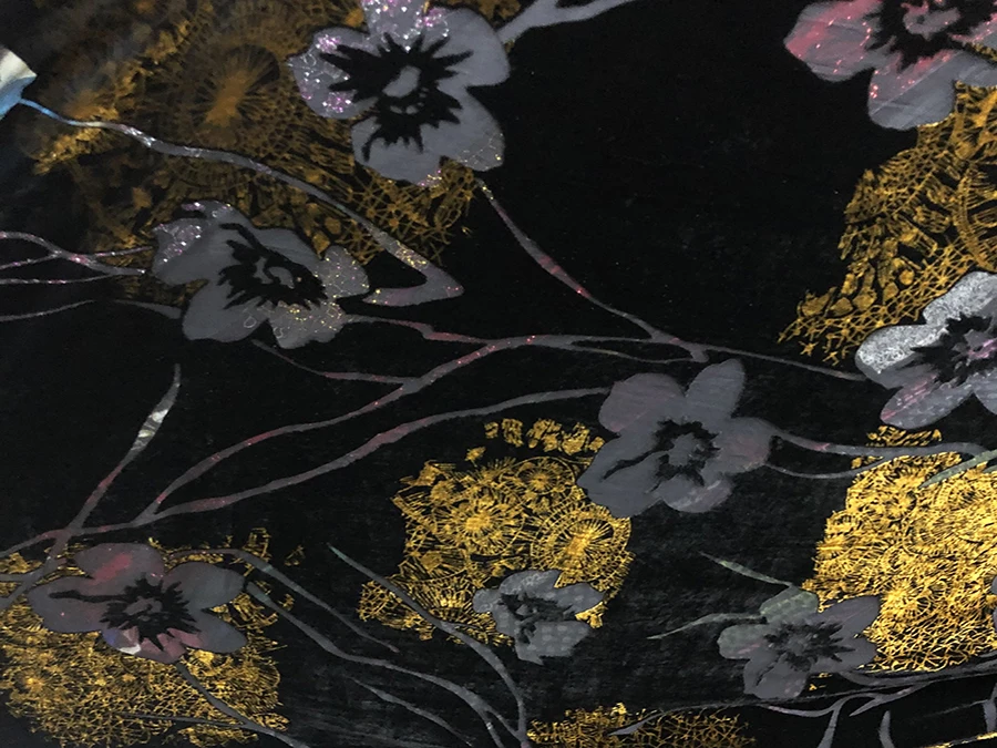 

High Quality Real Silk Gold Velvet Fashion Black Bottom Yellow Flower Hollow out Etched-out Fabric Cheongsam Qipao Dress Cloth