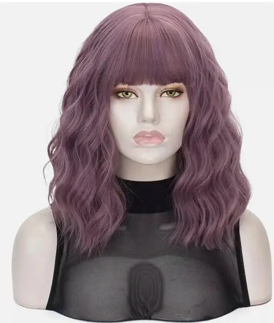 Perruque Bob Courte Bouclée Violet avec Full Bang pour Femme, Robe de Barrage Ondulée, Cosplay