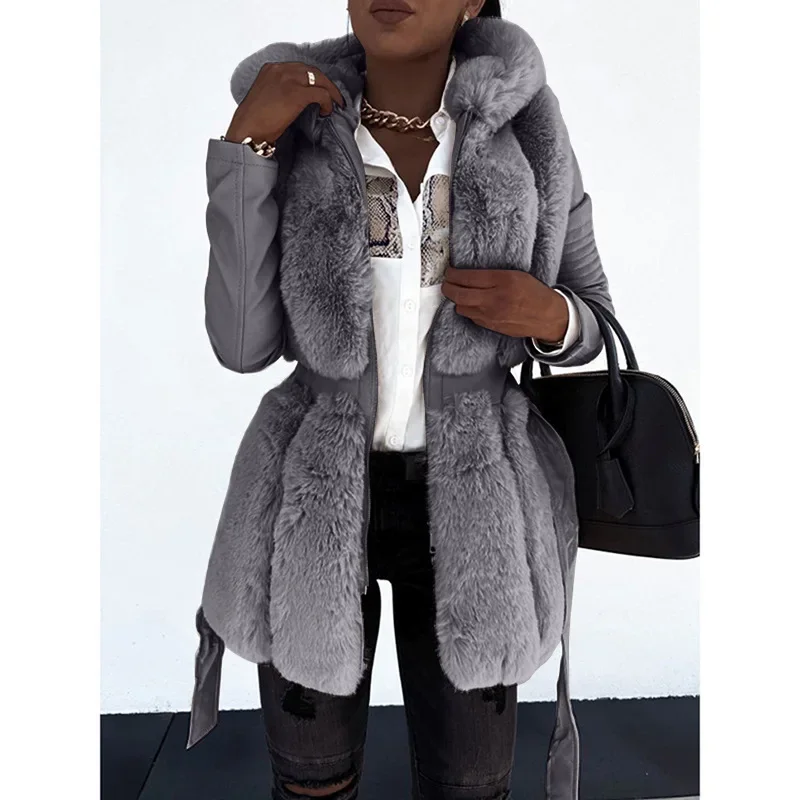 Warm Rabbit Faux Fur Coats Women Fashion Slim Hooded Jackets Winter Women Elegant Tie Belt Leather Fur Coats Parkas Female