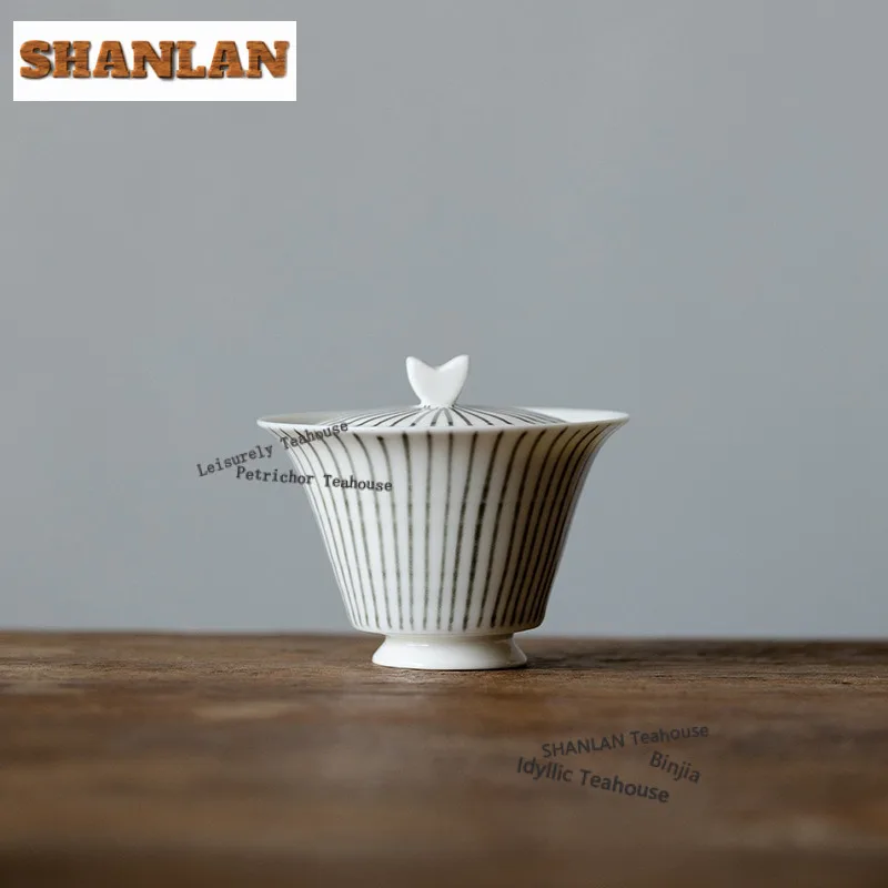 

100ml Hand-drawn Vertical Stripes Gaiwan Antique Tea Tureen Tea Bowl With Lid Kit Tea Maker Cover Bowl Tea Ceremony Decoration