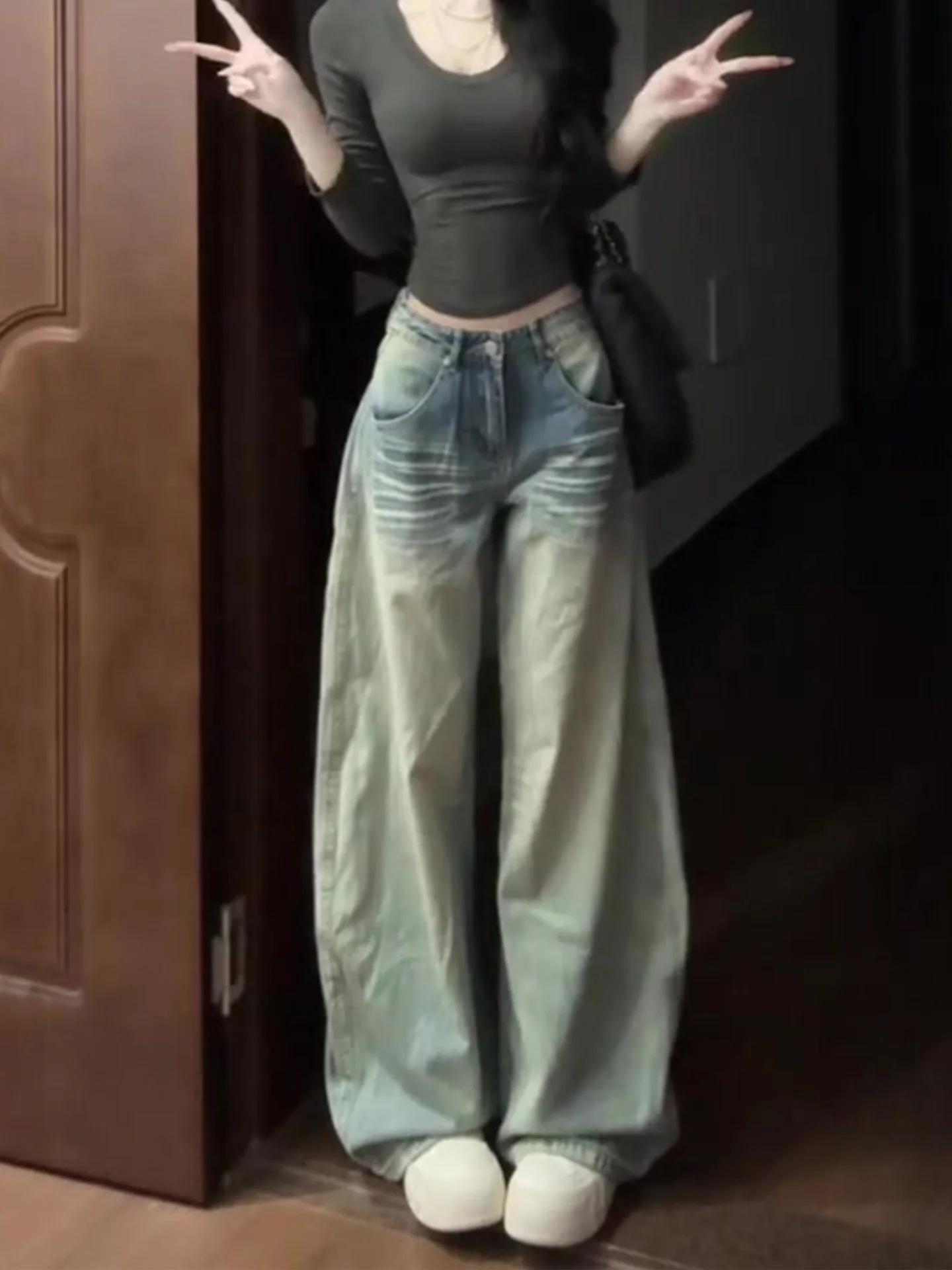 

High Waist Slimming Skinny Jeans Women's Light Blue Vintage Washed American Style Summer Denim Pants Wide Leg Casual Trousers