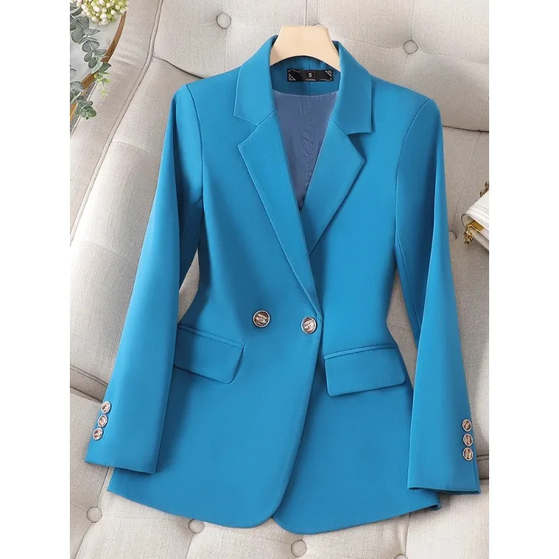 Blue Fashion Women Suit Office Ladies Blazer Coffee Black Female Long Sleeve Double Breasted Solid Color Formal Jacket Coat