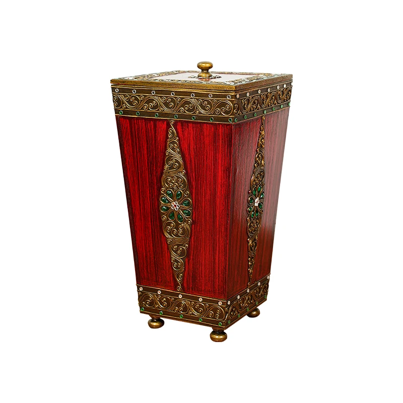 Solid wood trash can household living room with lid wooden large trash can bedroom kitchen dining room paper basket Chinese styl