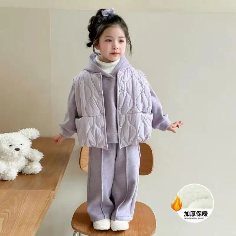 Girls Winter Clothes Fleece Lined 2026 Set Children New Fashion Autumn Winter Vest 3 Piece Set for Kids Outdoor Wear Clothing