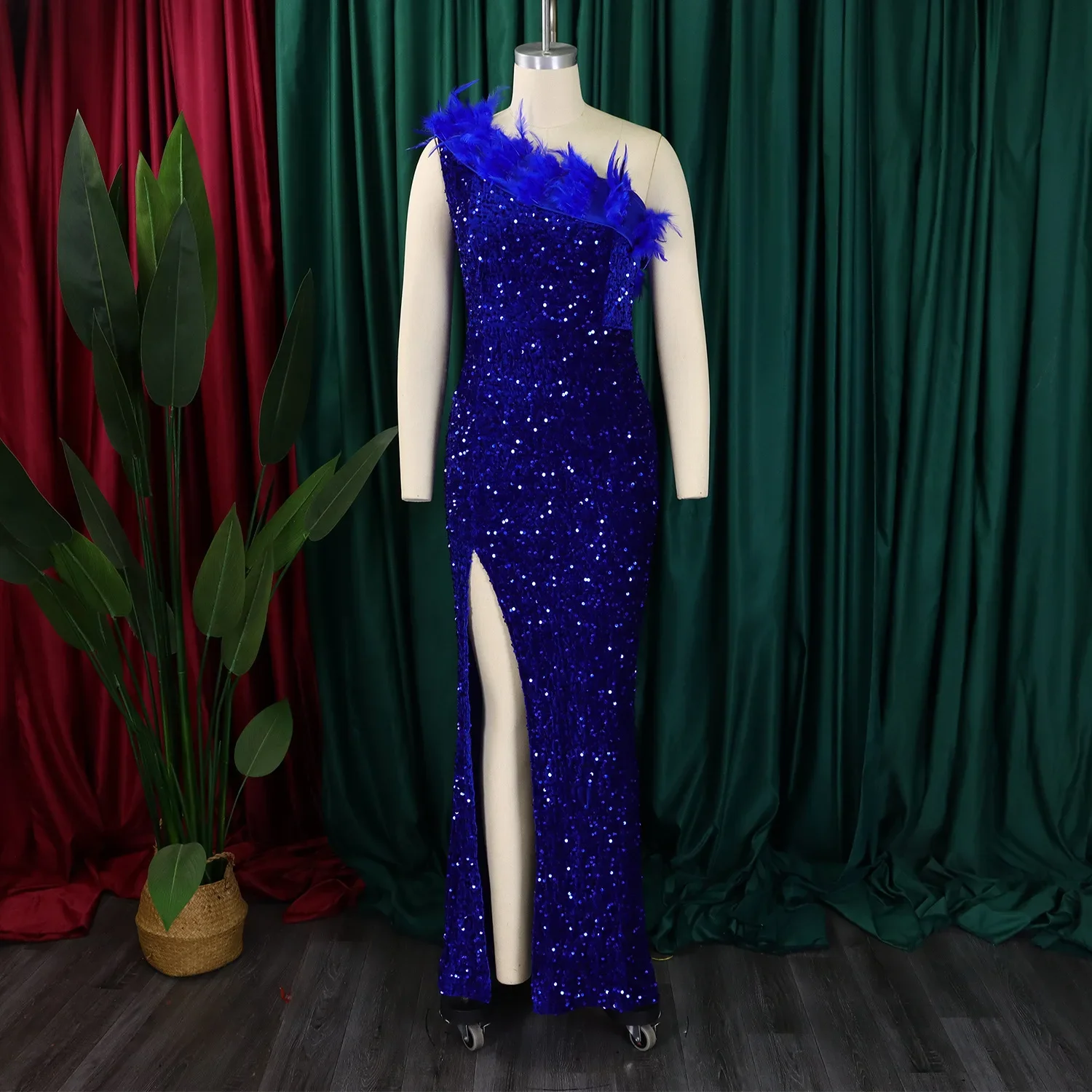 Customized Shiny Sequins Mermaid Evening Dresses One Shoulder Sleeveless Women Prom Gowns Luxury Feathers Sexy Side Split Party