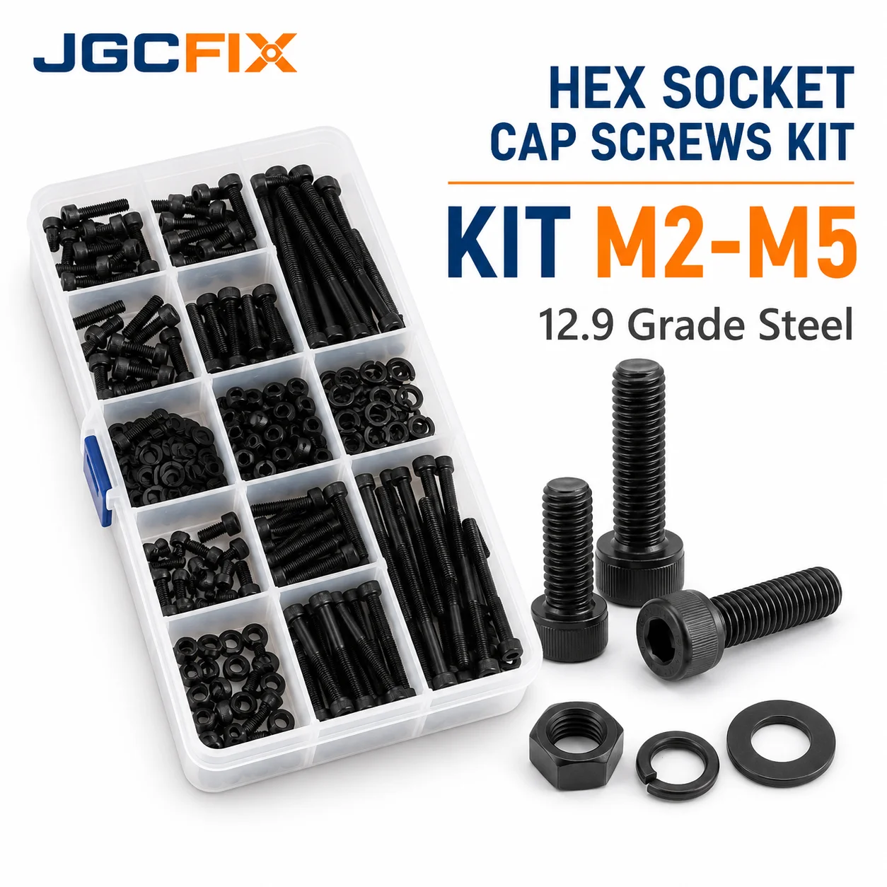M2-M5 12.9 Grade Black Steel DIN912 Hex Socket Cap Screws Allen Bolts Nuts Washers Assortment Kit Set for Machinery Repair DIY