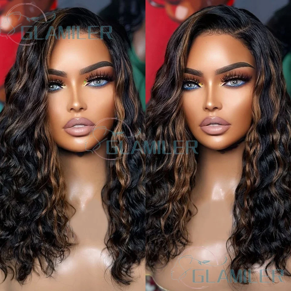 

Brazilian Brown Blonde Highlight Human Hair Water Wavy Glueless 5x5 Silk Top Closure Wigs Bleached Knots 13x6/360 Lace Wigs