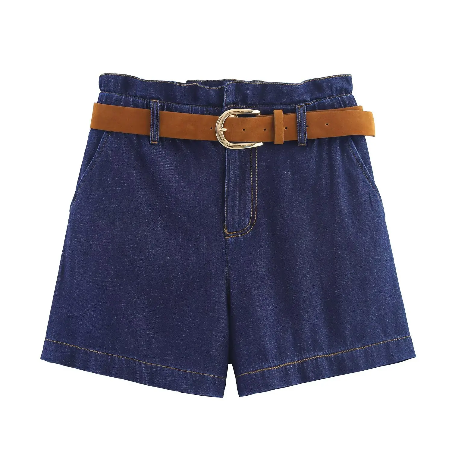 Nowe modne, codzienne szorty jeansowe damskie z wysokim stanem, zapinane na zamek, w jednolitym kolorze, dopasowane, z paskiem.