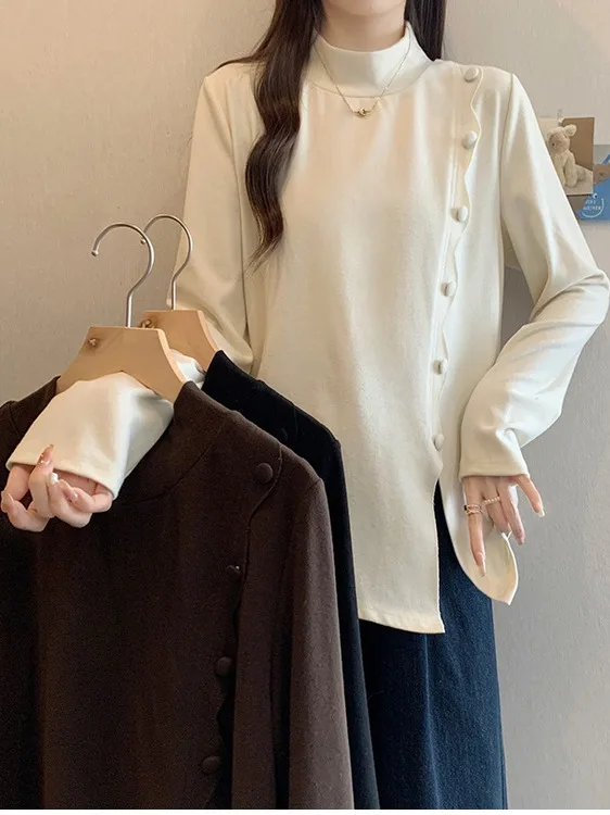 

Женская облегающая футболка больших размеров с длинным рукавом, высоким воротником и асимметричным подолом для осенне-зимнего повседневного стиля