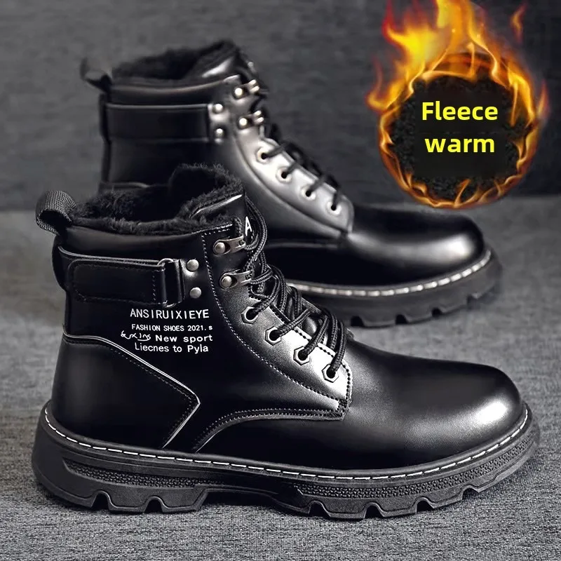 

Men Autumn Winter Leather Boots Black Business Ankle Boots Lace Up Thick Sole Boots Non-slip Flat Bottom Boot Warm Plush Boot