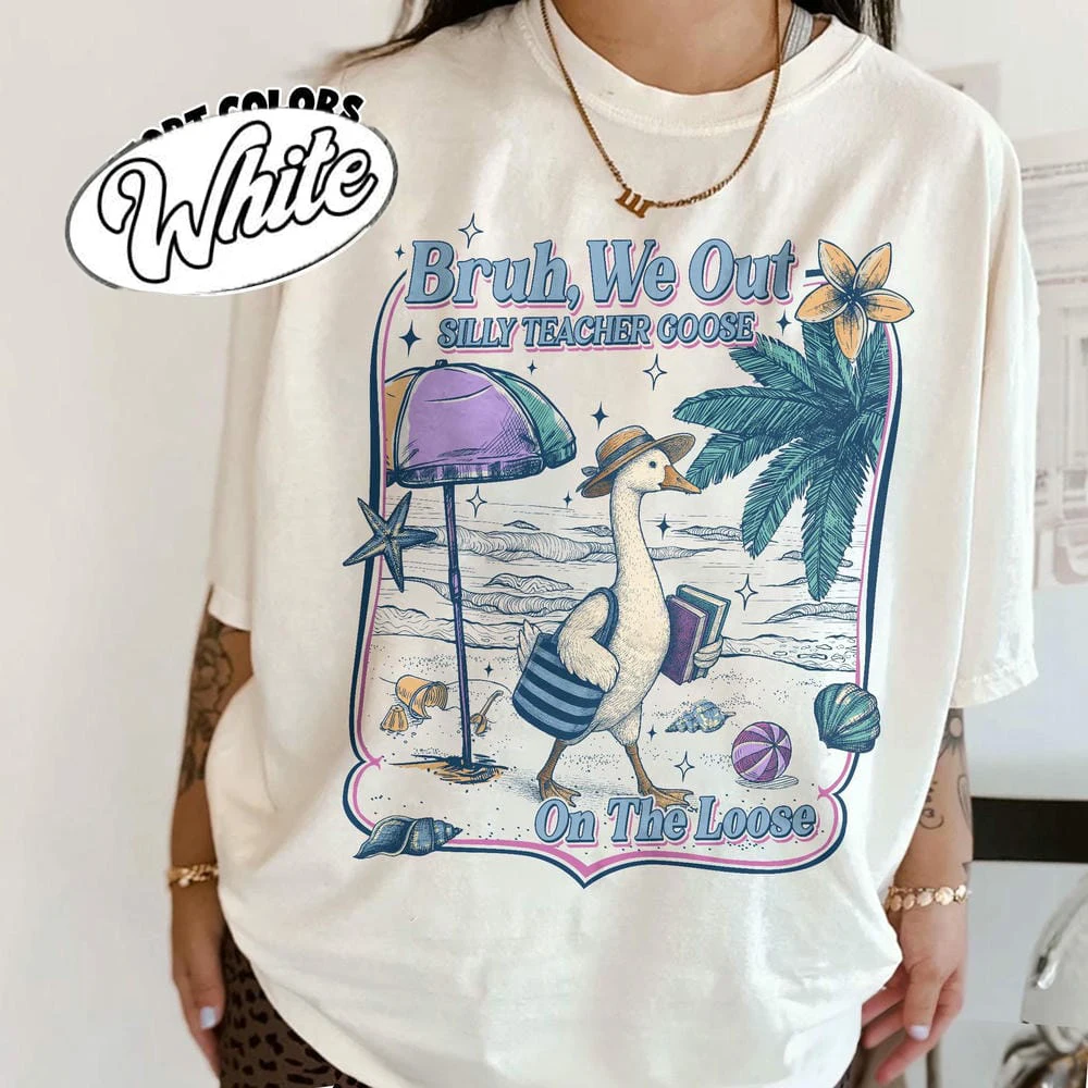 تي شيرت نسائي كاجوال من Bruh We Out Teacher للجنسين هدية للمعلم الخيال أوزة مضحكة على ملابس الصيف الفضفاضة كتاب تي شيرت ملابس الشارع #1