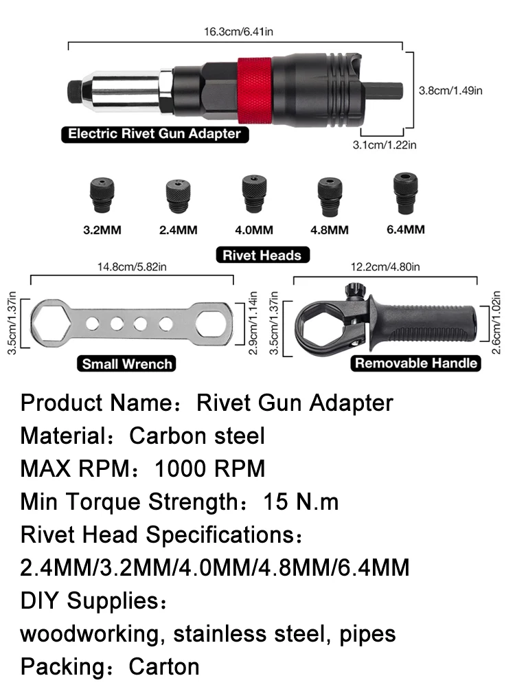 2.4-6.4mm Professional Electric Rivet Nut Gun Adapter Automatic Riveting Nail Gun Cordless Riveting Tools With Wrench And Handle