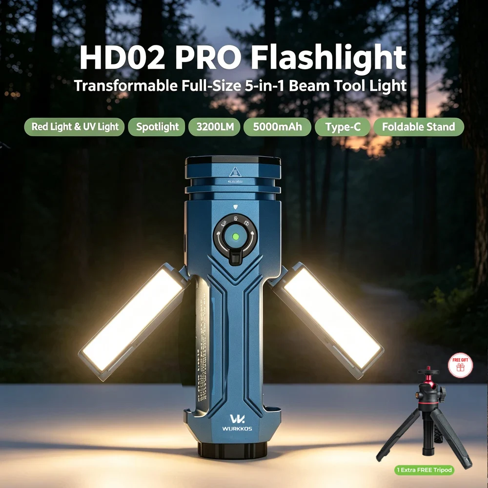 Lanterna Wurkkos HD02 PRO 3200Lm, Luz de Trabalho Multifuncional 5 em 1, 180 ° Carregador USB Rotativo Recarregável Ideal para Camping e Pesca