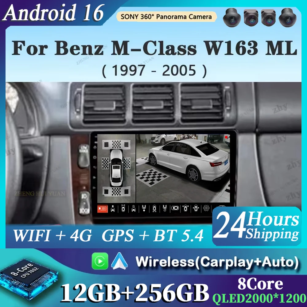 Android 16 CarPla&Auto Car Radio Multimedia navigation video Autoradio Stereo GPS For Mercedes Benz M-Class W163 ML 1997 - 2005