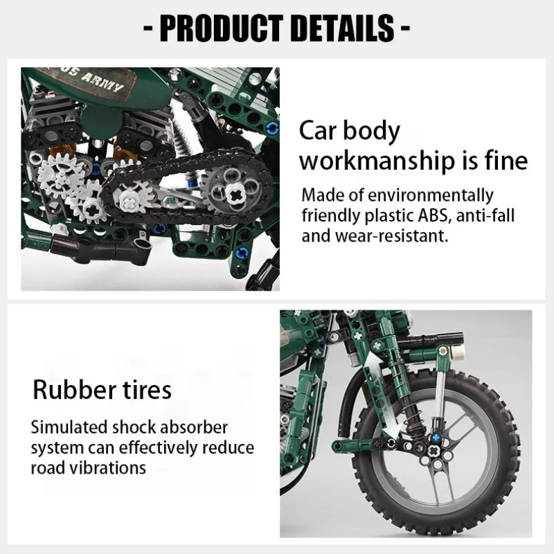 Military Motorcycle Model DIY Motorcycle Building Block Set 3D Construction Toys Educational Electric Toys Kid Gift Collectibles