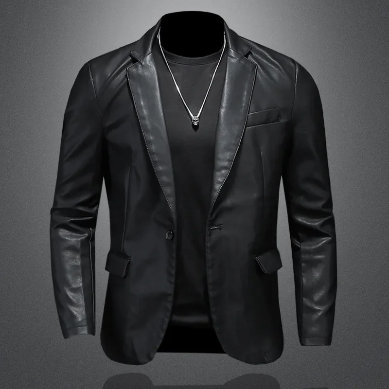 Men's Black Pu Leather Jacket Coat 2025 Spring and Autumn Korean Fashion Slim Fit Lapel Blazers Men Casual Faux Leather Jacket