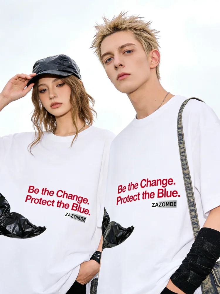 ZAZOMDE Be The Change Protect The Blue Ocean Conservation Slogan Mens Cotton T Shirt Whale Tail Plastic Bag Design Short Sleeve