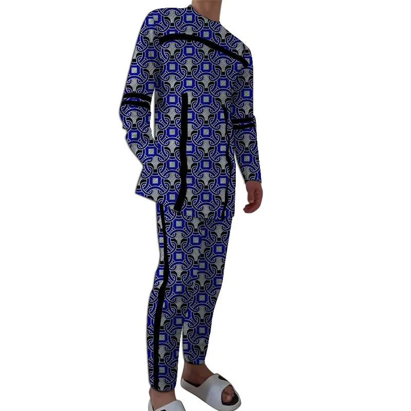 Novel Africa Clothing Wax Print Men Set Patchwork Tops With Pant Groom Suit Male Original Design Pattern Nigerian Outfit