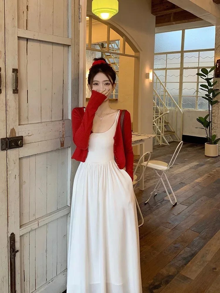 Elegant Red Ice Silk Knitted Sun Protection Open Cardigan Thin Summer Strap Outer Covering Shirt Outerwear Sweet Sle Loose Fit