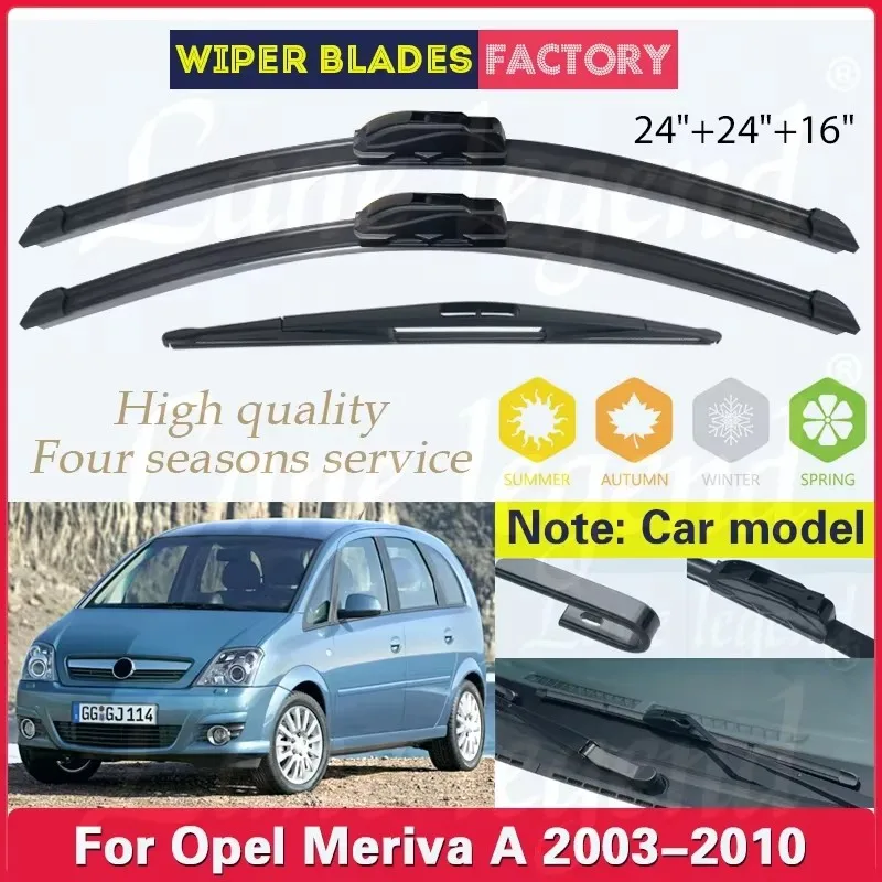 Limpiaparabrisas Delantero y Trasero para Opel Meriva A 2003-2010, Tipo U, Goma Suave, Sin Estructura, Silencioso, Duradero, 24"+24"+16"