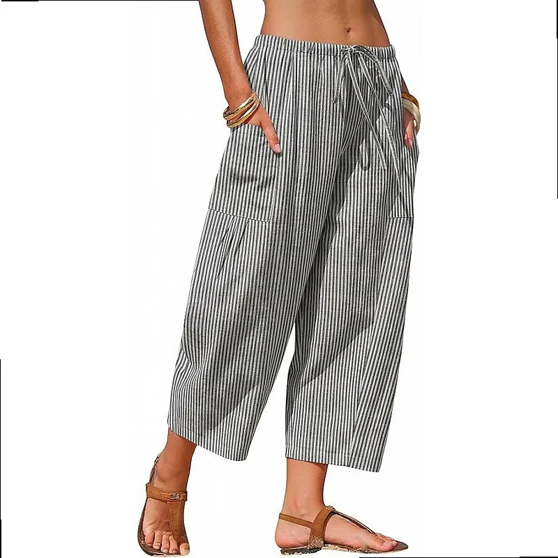 Linen Plaid Capri Pants Wide Leg Pants with Pockets Summer Beach Vacation Drawstring Harem Pants