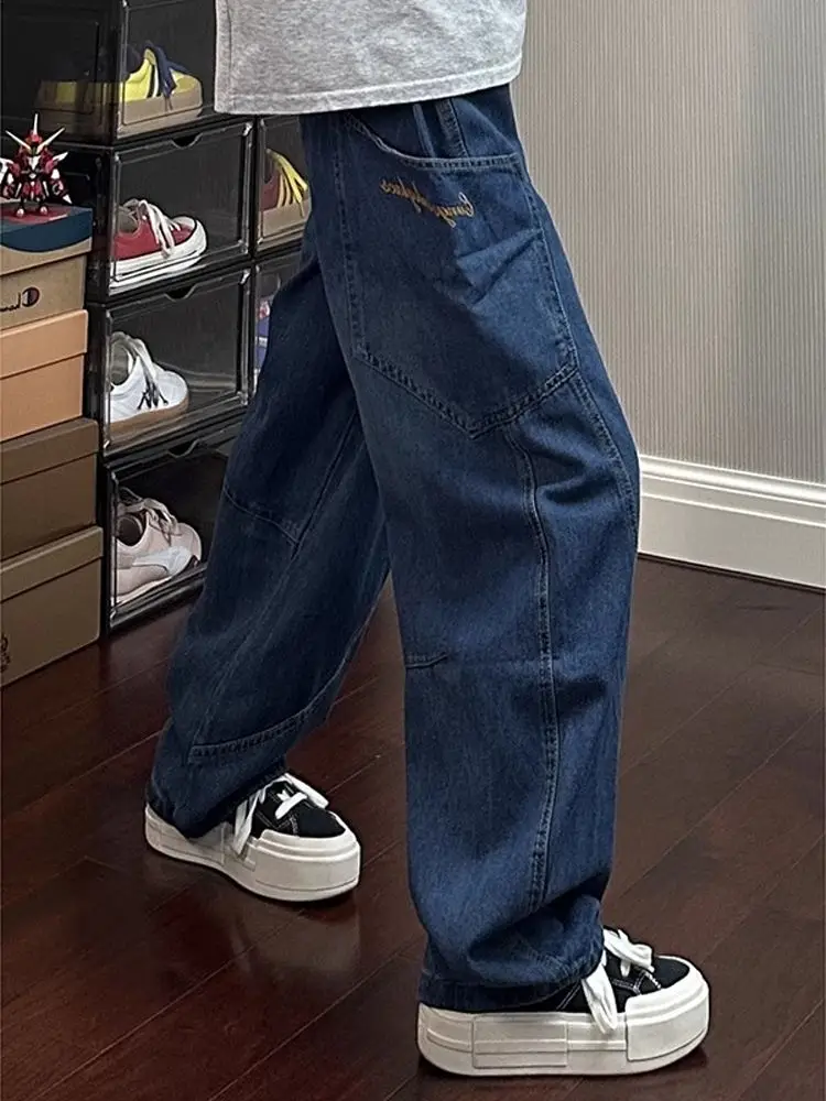 

Мужские джинсы в стиле ретро с вышивкой, широкие, прямого кроя, повседневные, молодежные, летние, из денима