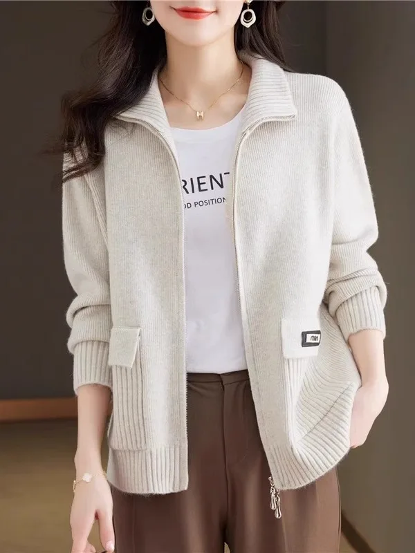 

Весна-осень 2024, женский свободный вязаный кардиган с воротником на молнии, утягивающий топ Faion Mom's Sle, верхняя одежда