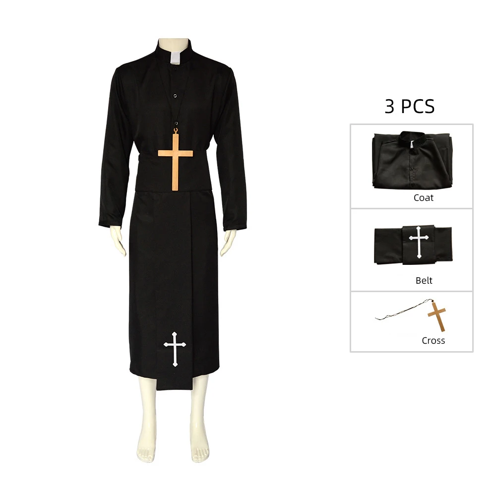 Middeleeuwse Priester Mannen Halloween Kostuum Heilige Monnik Pastor Gewaden Purim Party Mardi Gras Fancy Dress Party Outfit Met Cross Black