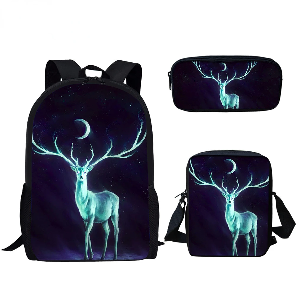 Bolsa escolar de grande capacidade para meninos e meninas, padrão animal legal, estampa de veados, mochila estudantil, bolsas casuais, 3 peças