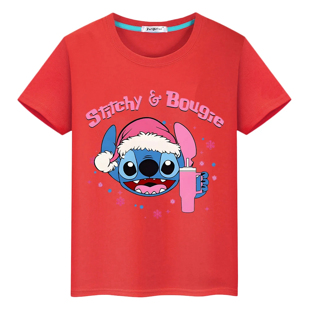 Christma Print 100% Bawełna Krótkie Topy y2k jednoczęściowy Stitch t shirt dla dzieci chłopiec 10 lat Anime Tees Kawaii tshirt ubrania dla dzieci dziewczynka