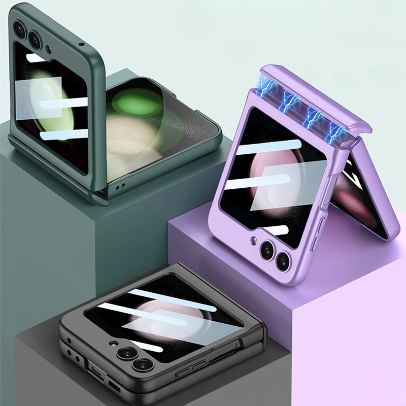 

Slim Case For Samsung Galaxy Z Flip 5 Magnetic Hinge Protective Hard Front Screen Glass Film For Galaxy Z Flip5 Back Cover