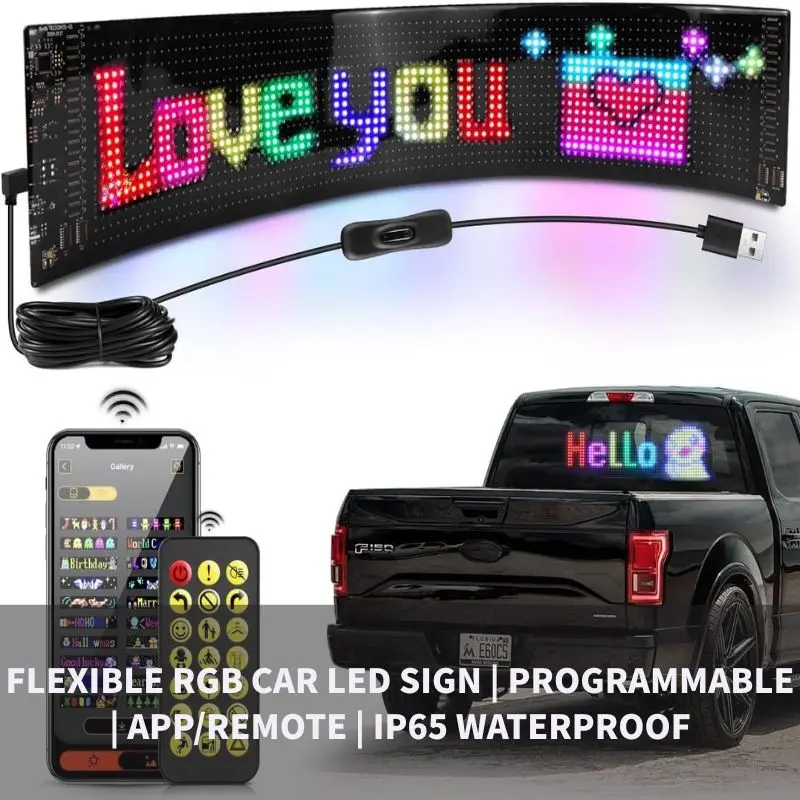 

Ultra Bright Flexible RGB Car LED Sign, Bluetooth APP/Remote DIY Custom, IP65 Waterproof Car Window Display for SUV Truck